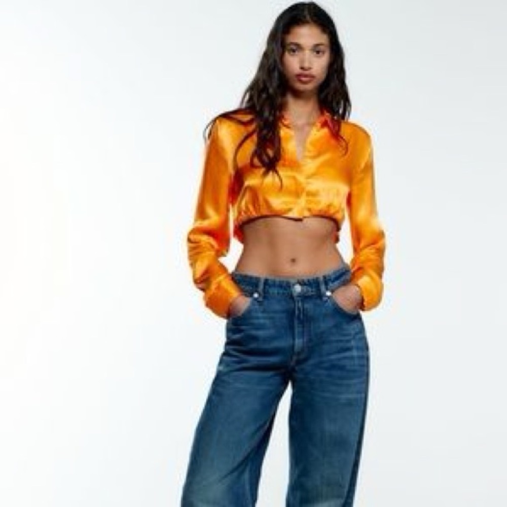 ZARA Satin Effect Crop Shirt M NWT buttons long Sleeve Orange NEW